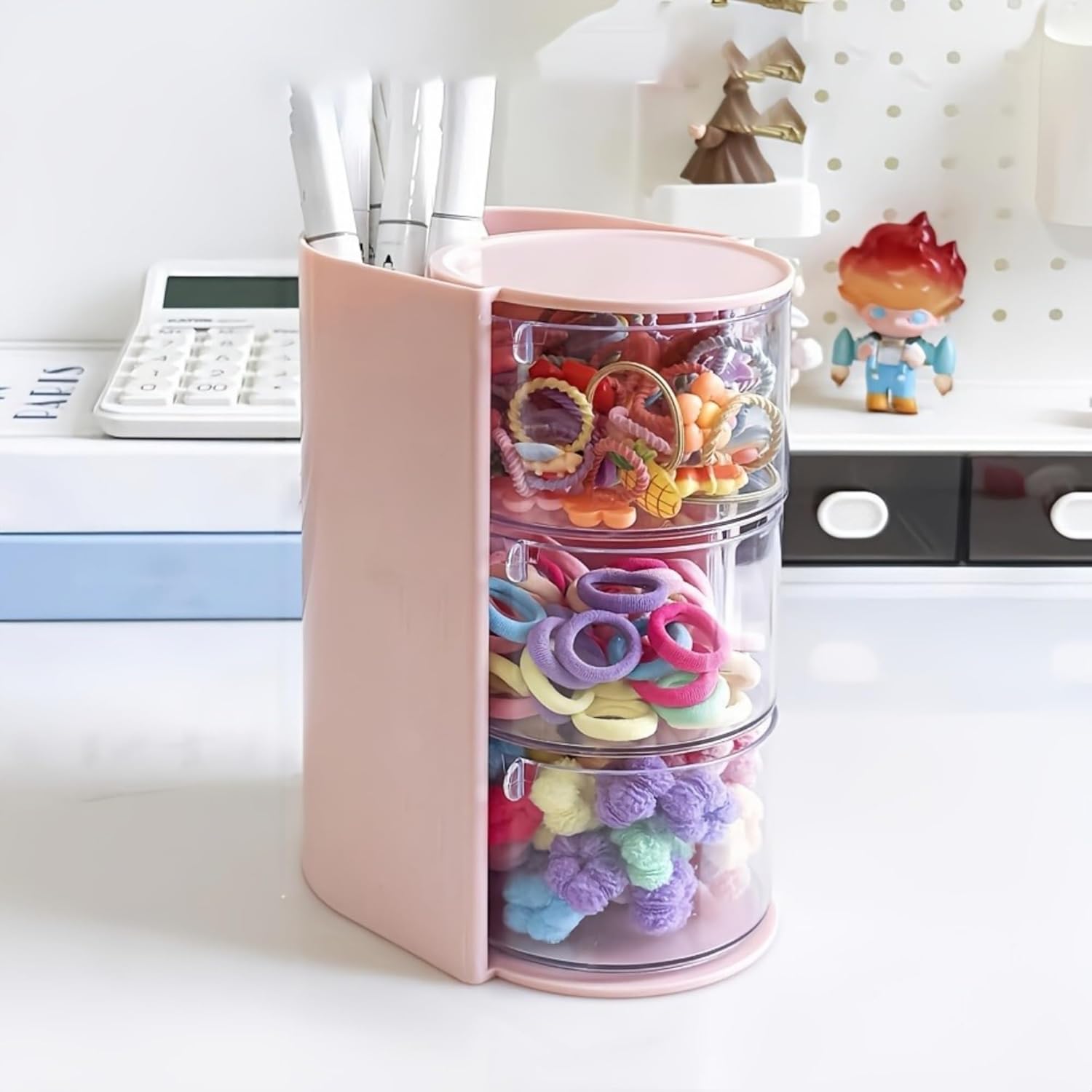 Hair Accessories Organizer with Hair Brush Holder, Rotatable Makeup Brush Holder for Necklaces, Earring, Bracelet, Ring, Makeup Brushes, Hair Clip and Hair Accessories (Pink, 3-Layer) - Image 8