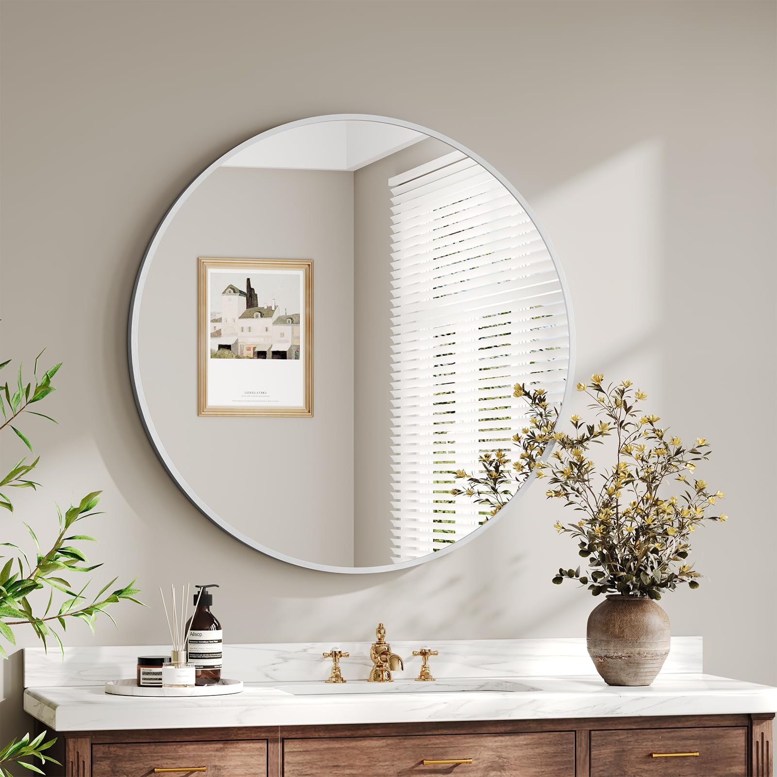 Dripex 60cm Round Mirror, Circle Hanging Wall Mirror - Home Decorative Wall Mounted Vanity Mirror for Bathroom, Dressing Room & Living Room, Silver — image 1