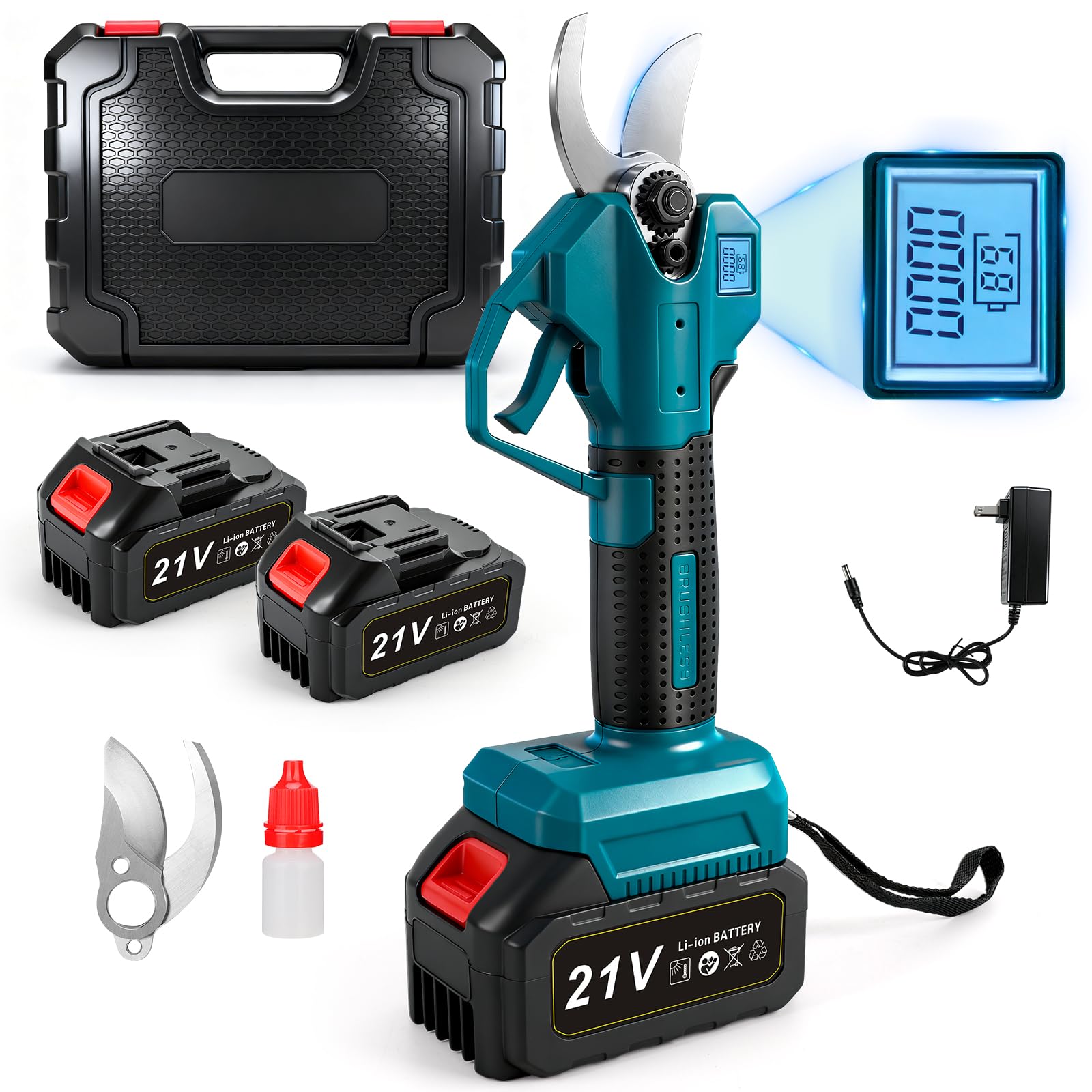 Sécateur Électrique Sans fil Compatible avec Makita 18 V, 30mm Secateur à batterie avec 2x2000mAh Batteries, LCD, Bürstenloser Motor, Ersatzklingen, pour branches, arbustes et troncs