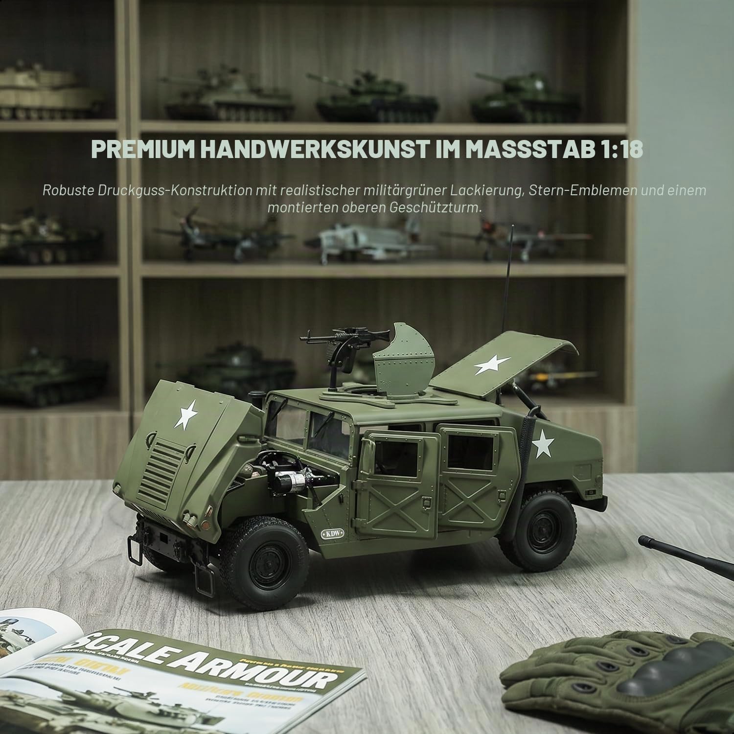 NUOTIE 1/18 Hummer H1 Modellauto Metall Druckguss Militär Schwerlastfahrzeug Wüste Sturm Operation Truck Taktisches Transportfahrzeug