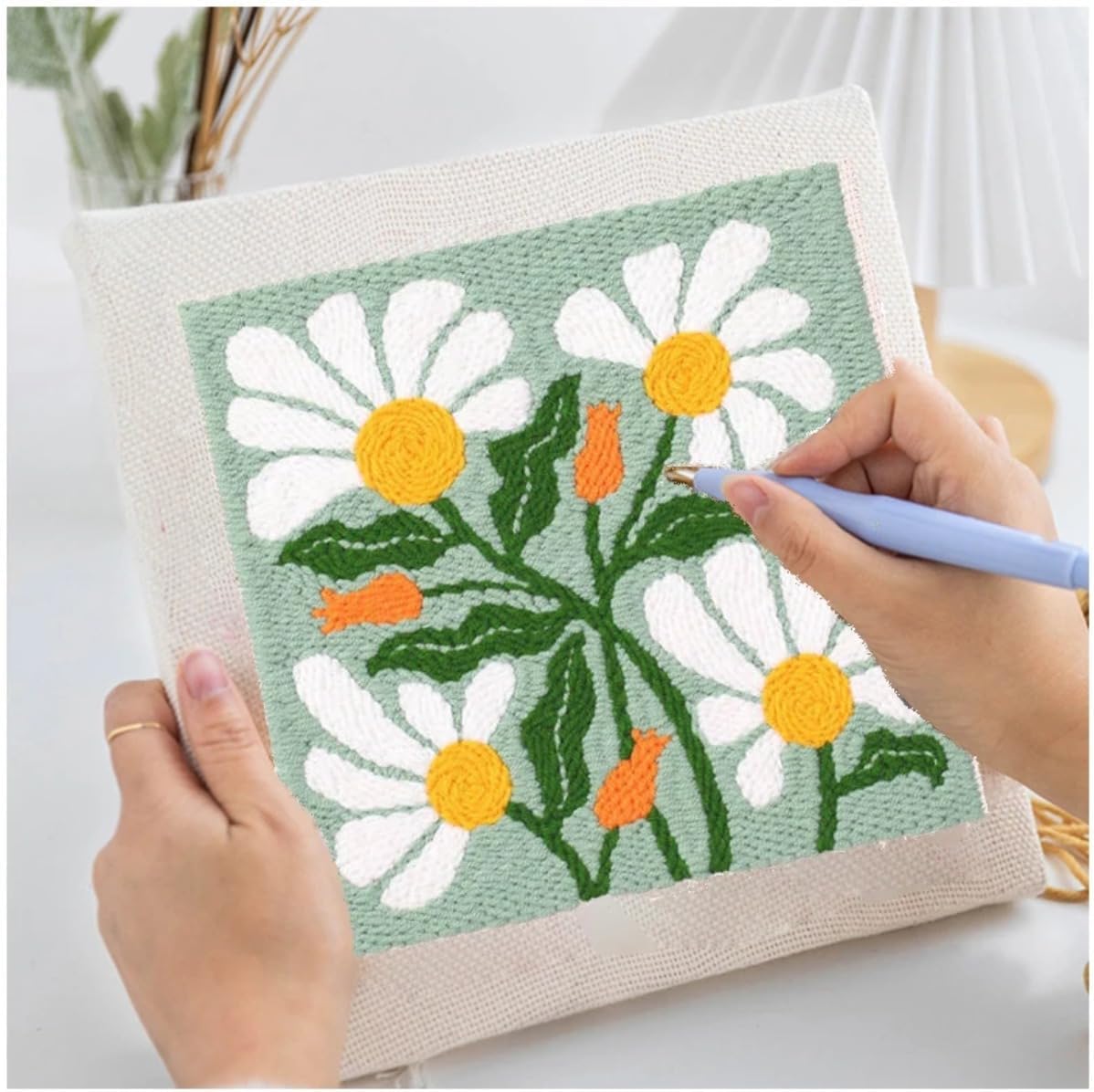 PRUGERAHER Needle Punch Kits Flower Punch Needles Starter Kits Yarn DIY Handmade Punch Needle Embroidery Kits Craft Home Decor Poke Rug Hook Needle Kits for Beginners (Green)