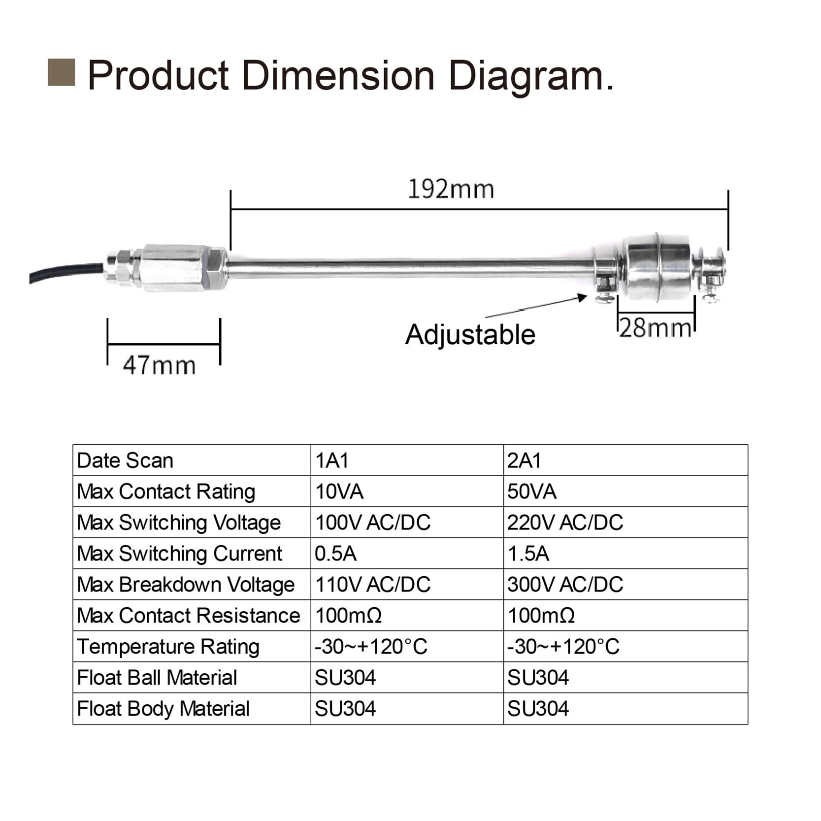 Controlador de líquido del Sensor de nivel de agua del interruptor de flotador ajustable de acero inoxidable 304(Single-ball-400mm)