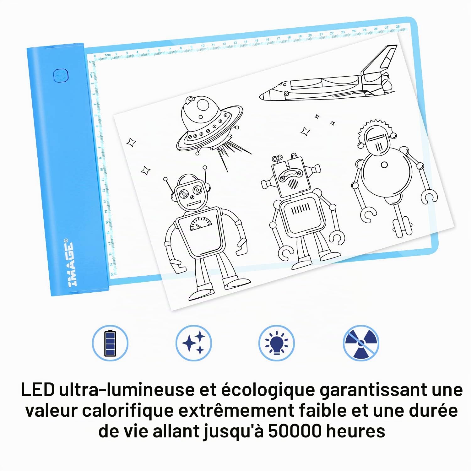 IMAGE Tableau lumineux pour le traçage, planche lumineuse, tablette de dessin, planche à colorier pour les enfants, filles et garçons (comprend 10 feuilles traçables et deux clips) (Bleu)