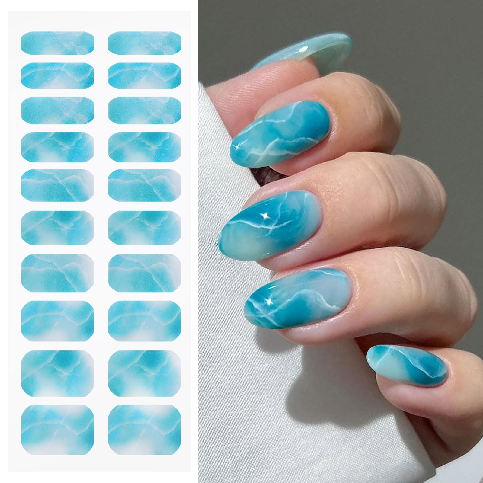JMEOWIO Gel Nail Stickers Blue Green White Marble Semi Cured Gel Nail Strips Wraps UV/LED Nails Art Design Decoration Accessories - Image 3