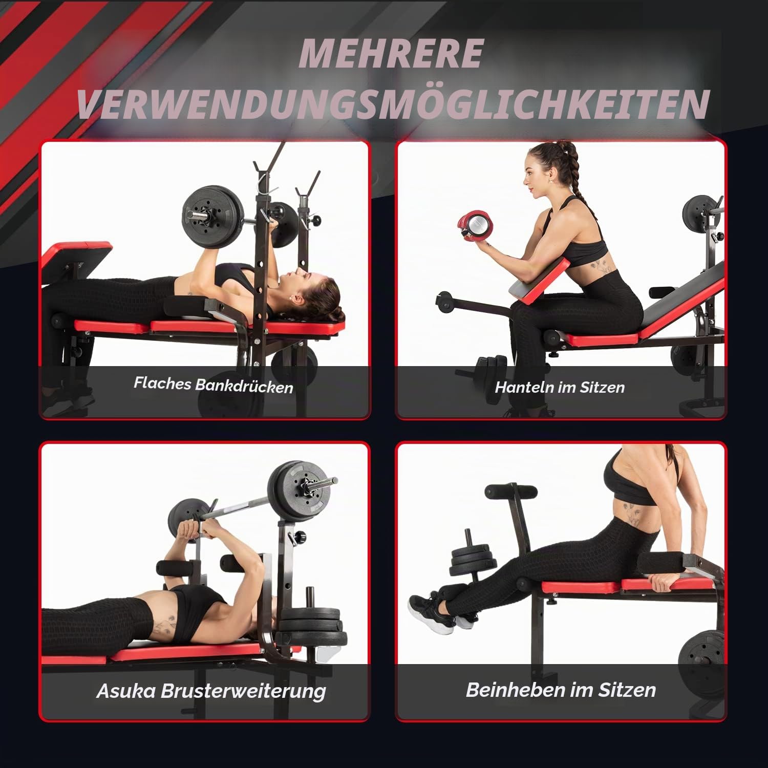 ISE Multifunktional Trainingsbank, Hantelbank Verstellbar Klappbar mit Beincurler Haushalt Fitnessgeräter für Kniebeuge, Hantelbank Bankdrücken,Rumpfbeuge,Training Bank Neigen, Beinbeuger für Zuhause