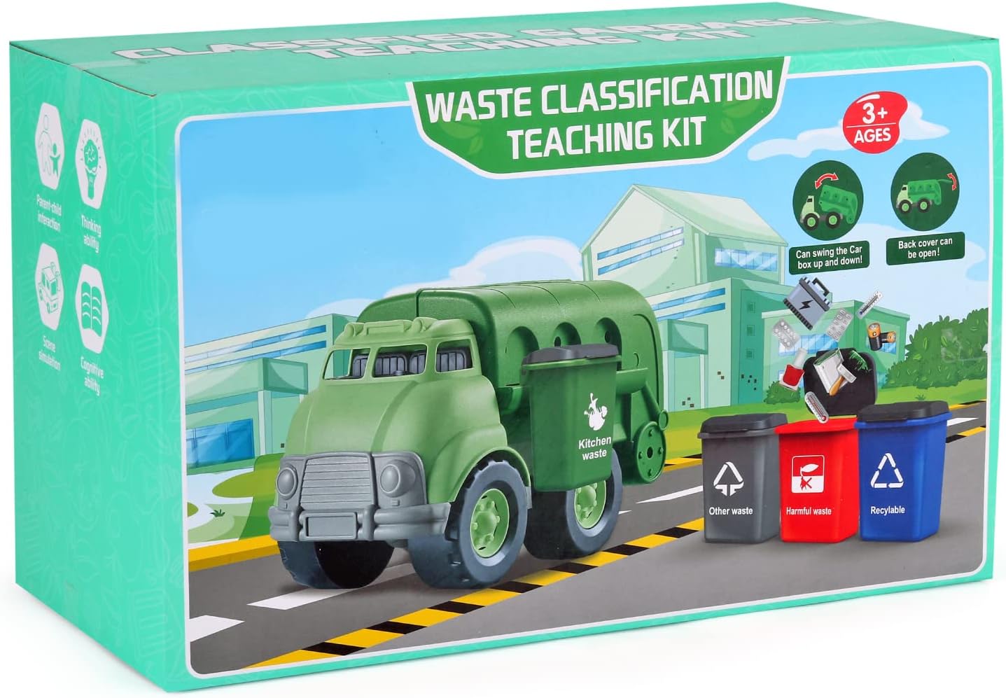 Liberty Imports Big Plastic Garbage Truck Toy, Waste Management Recycling Green Dump Vehicle with 4 Trash Cans and Recycle Sorting Cards for Little Kids, Toddlers