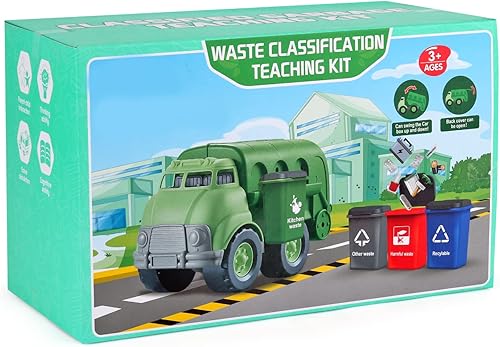 Miniatura 7 de Liberty Imports Juguete grande de plástico para camión de basura, gestión de residuos, vehículo volquete verde con 4 botes de basura y tarjetas de