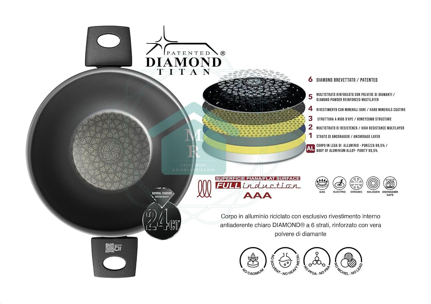 Generico VAPSI WOK ANTIADERENTE CON GRIGLIA RIVESTIMENTO DIAMOND 6 STRATI COTTURA A VAPORE FONDO INDUZIONE