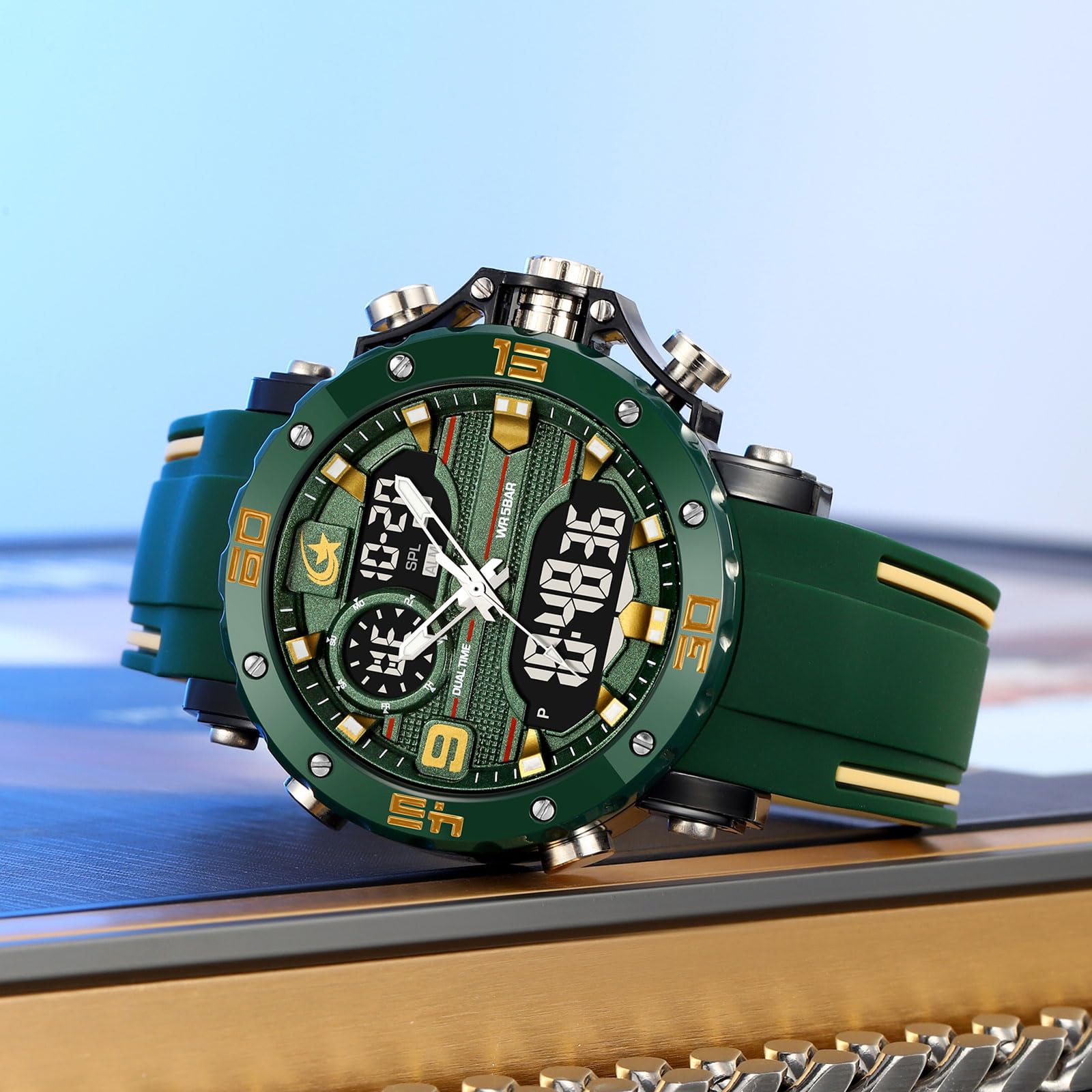 findtime Reloj de hombre militar digital analógico deportivo para exteriores, doble hora, resistente al agua, iluminación LED, esfera grande, reloj con alarma, fecha, 12/24 h, cronómetro, cronómetro