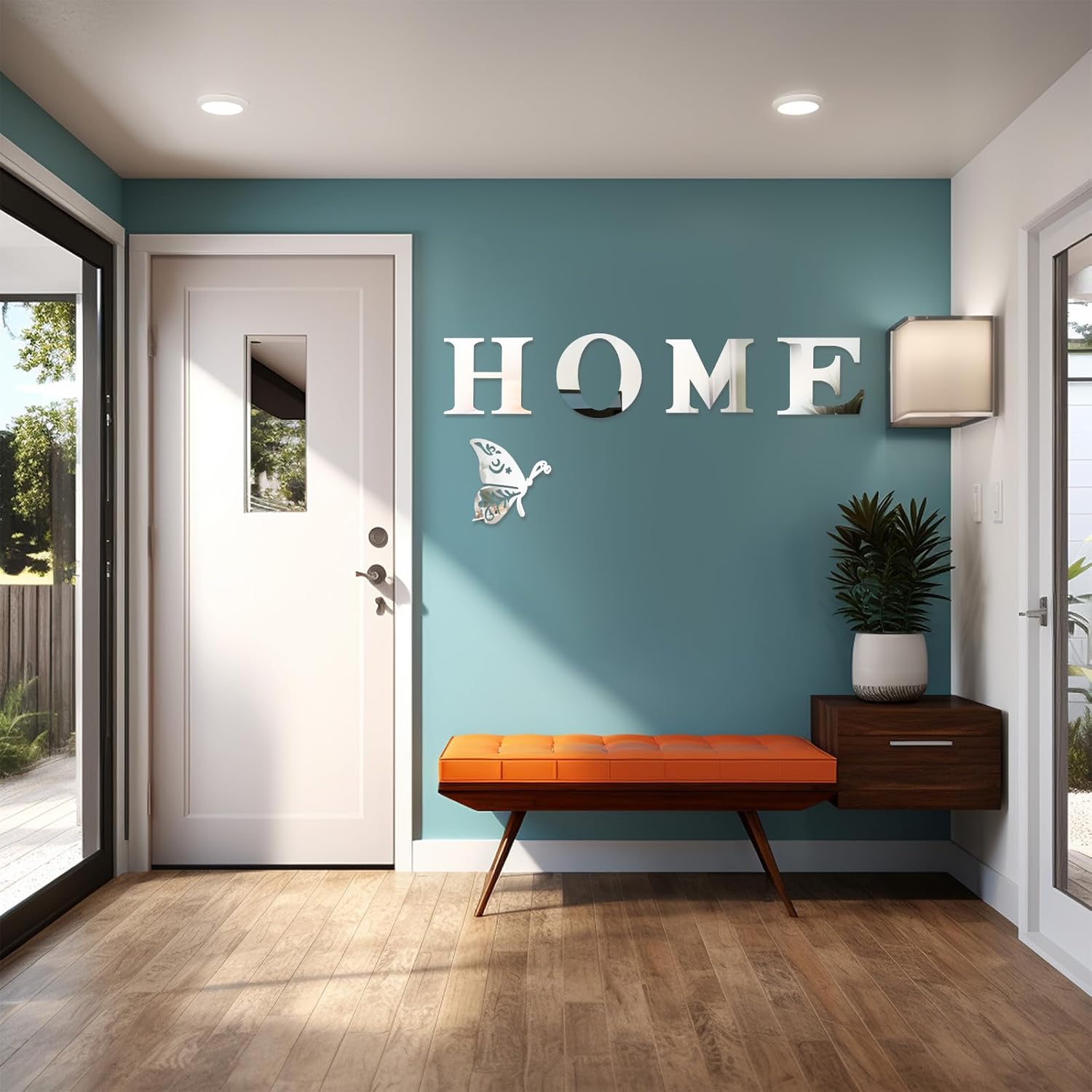 Home Letter Sign Wall Decor Living Room, Large Home Acrylic Mirror Wall Decor Stickers 3D Silver Wall-Stickers Decorations Family Walls Decals Mirror Decors with a Butterfly for Living Room Bedroom