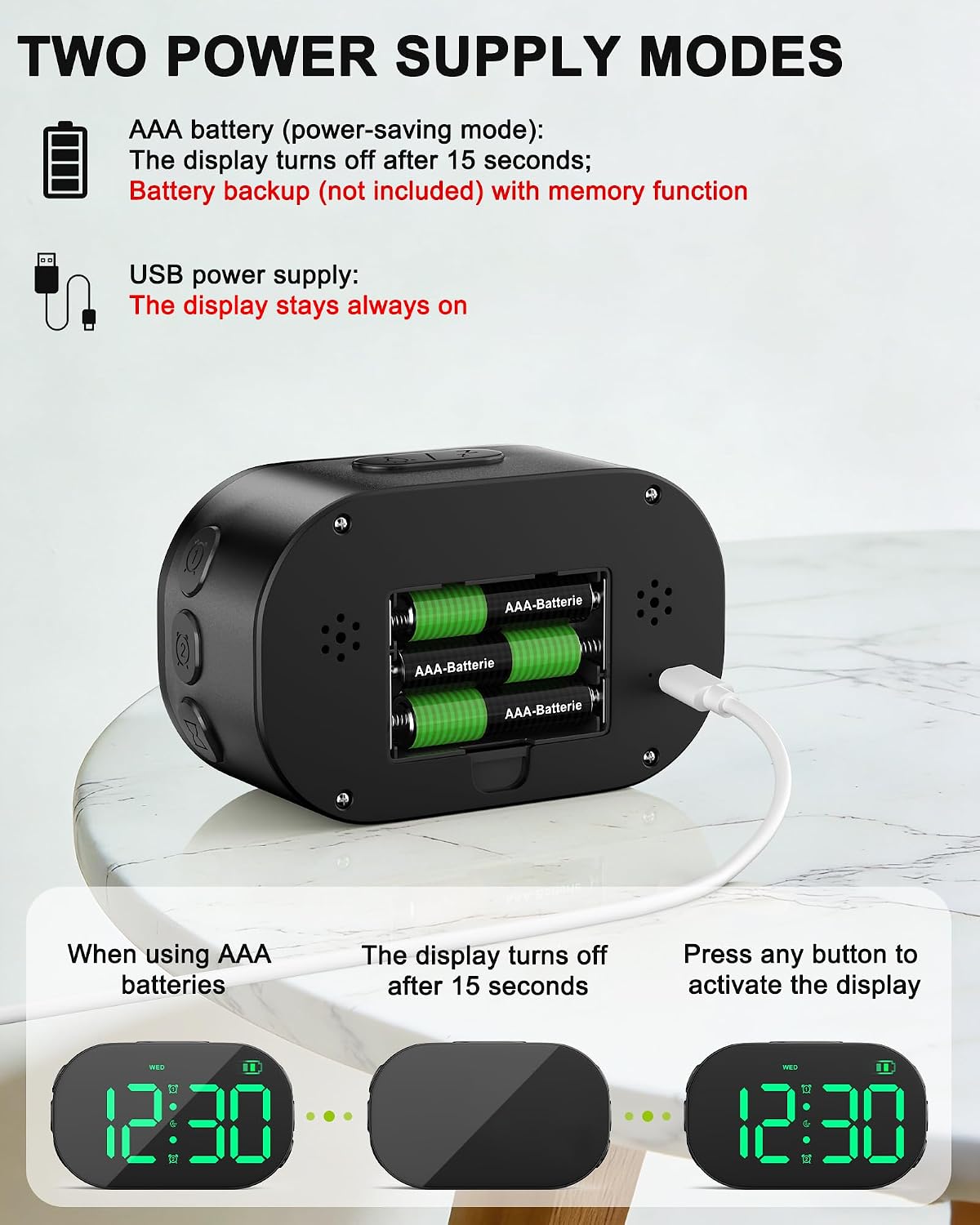 DTKID Digital Alarm Clock Bedside, Aluminium Clock with Large Numbers