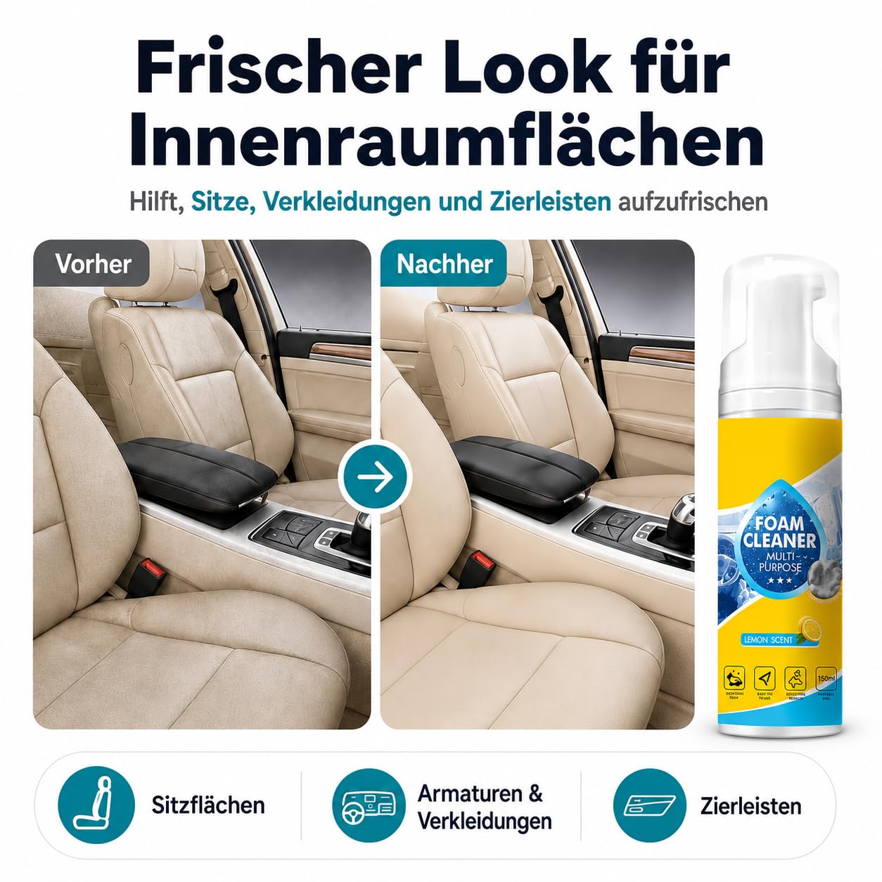 4-in-1 Mehrzweck-Schaumreiniger Spray, 150 ml / 5 fl oz, Reinigungsschaum zum Sprühen und Abwischen für Autoinnenraum, Küchenoberflächen, Badezimmerfliesen und Polster (2)