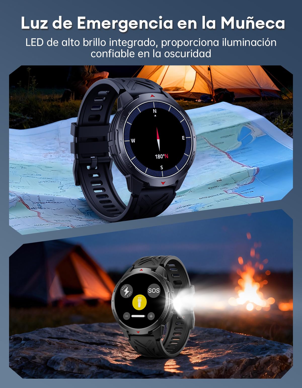 Reloj Inteligente Hombre - Batería de 1100mAh/30 Días, 1,7'' Smartwatch Militar con Linterna/Brújula/3ATM Impermeable/Pulsómetro/SpO2/Sueño para Android iOS, Negro