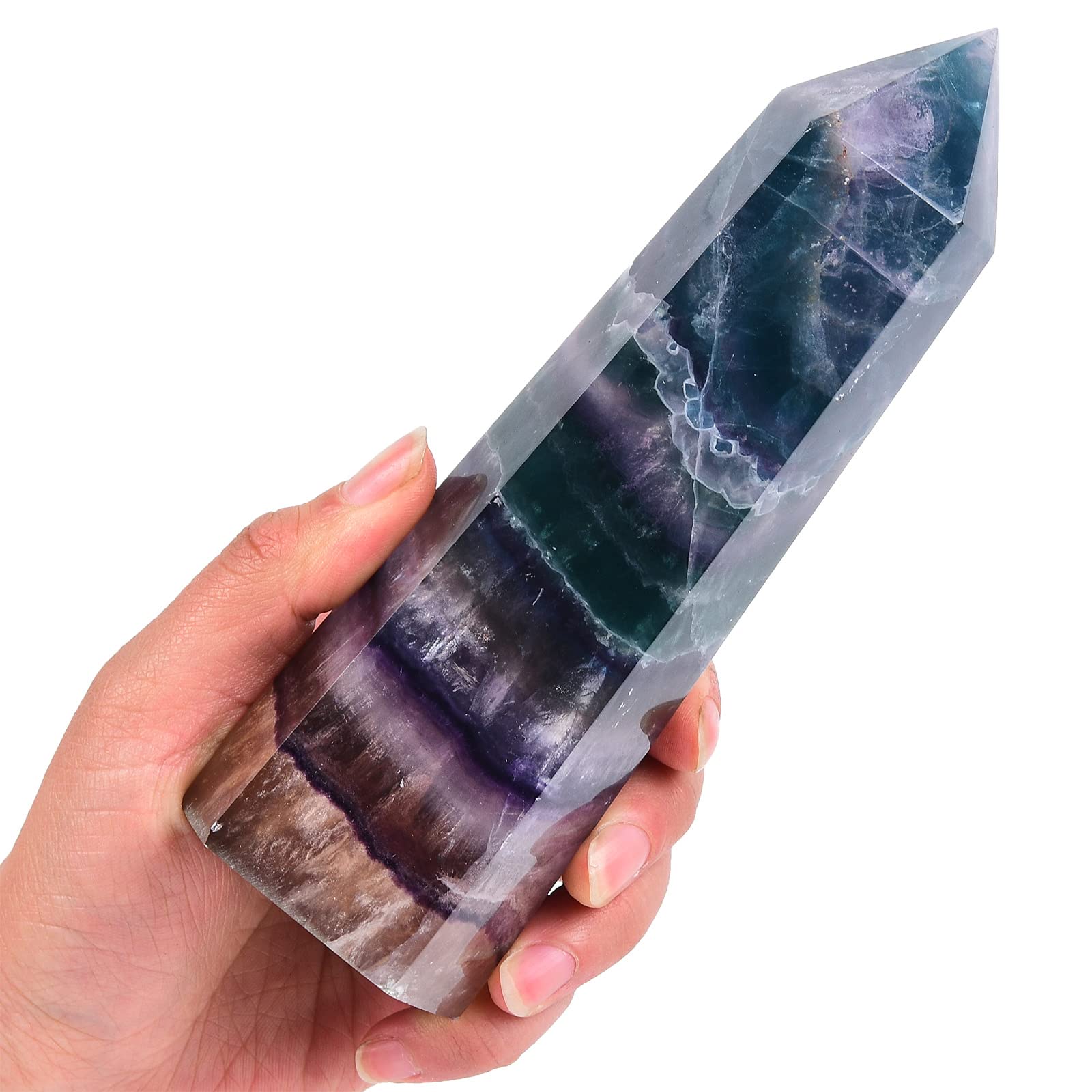 AMOYSTONELarge Healing Crystal Obelisk Towers Colorful Fluorite Point Wand Home Decor Reiki Healing 1.8-2.2lbs