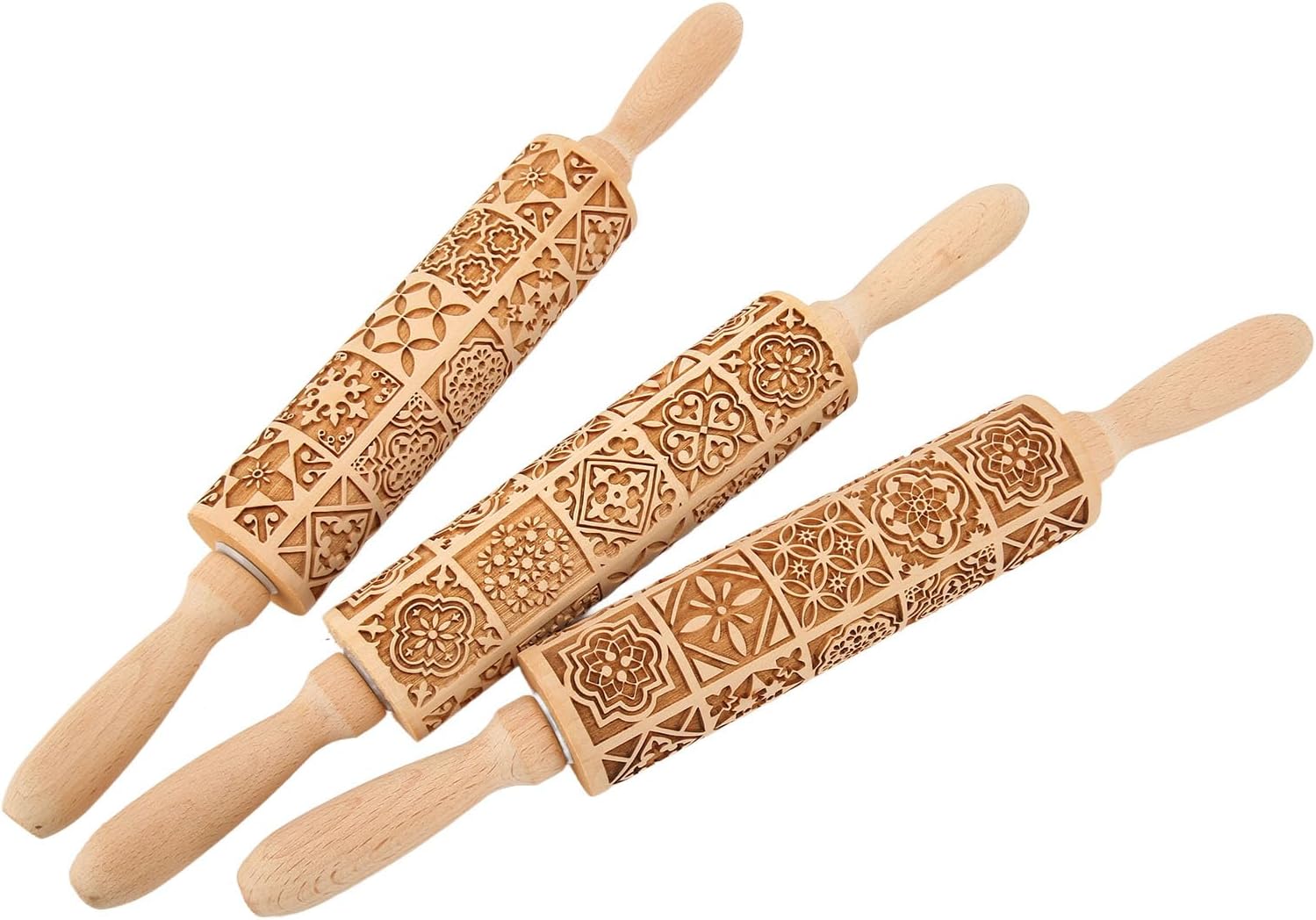 3pcs Wooden Embossed Rolling Pin Set, Engraved Embossing Dough Roller for Baking Pizza Biscuits Pasta, Non - Stick Easy to Clean Rolling Pins with Bearings for Smooth Rolling, Perf