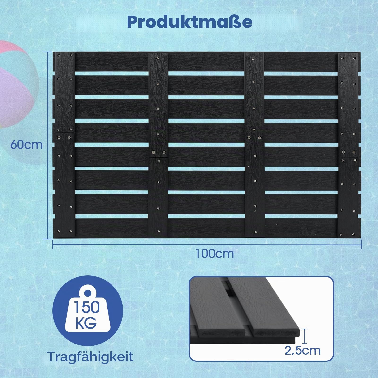 SOARS Badematte rutschfest & wasserdicht, Duschmatte aus WPC mit Holzoptik, Bodenplatte für Innen- und Außenbereich, 100 x 60cm, Schwarz