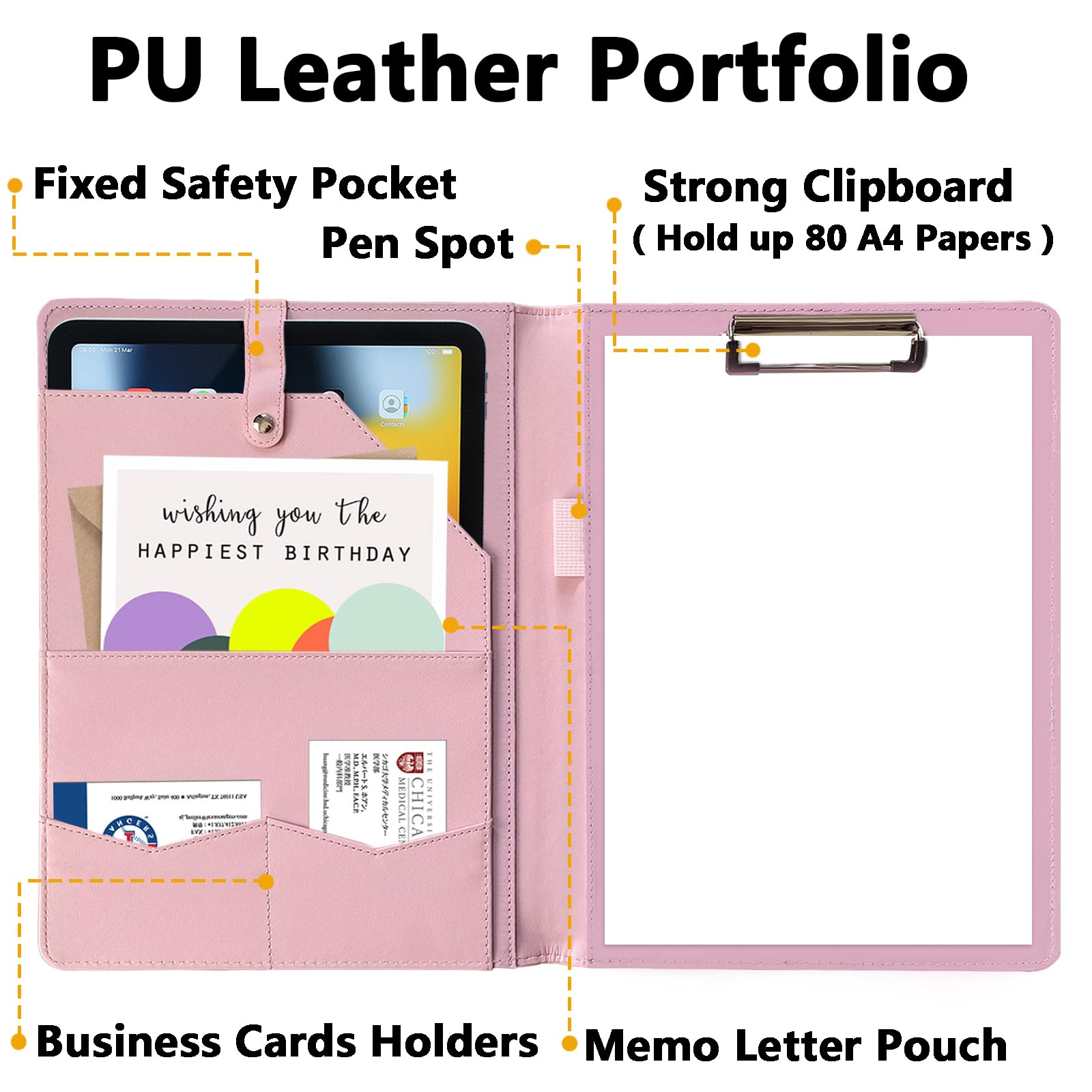 Portfolio Folder Padfolio with A4 Clipboard, PU Leather Portfolio Clipboard Business Binder Writing Clip Board Organizer for Legal Documents Business Card Men Women Pink