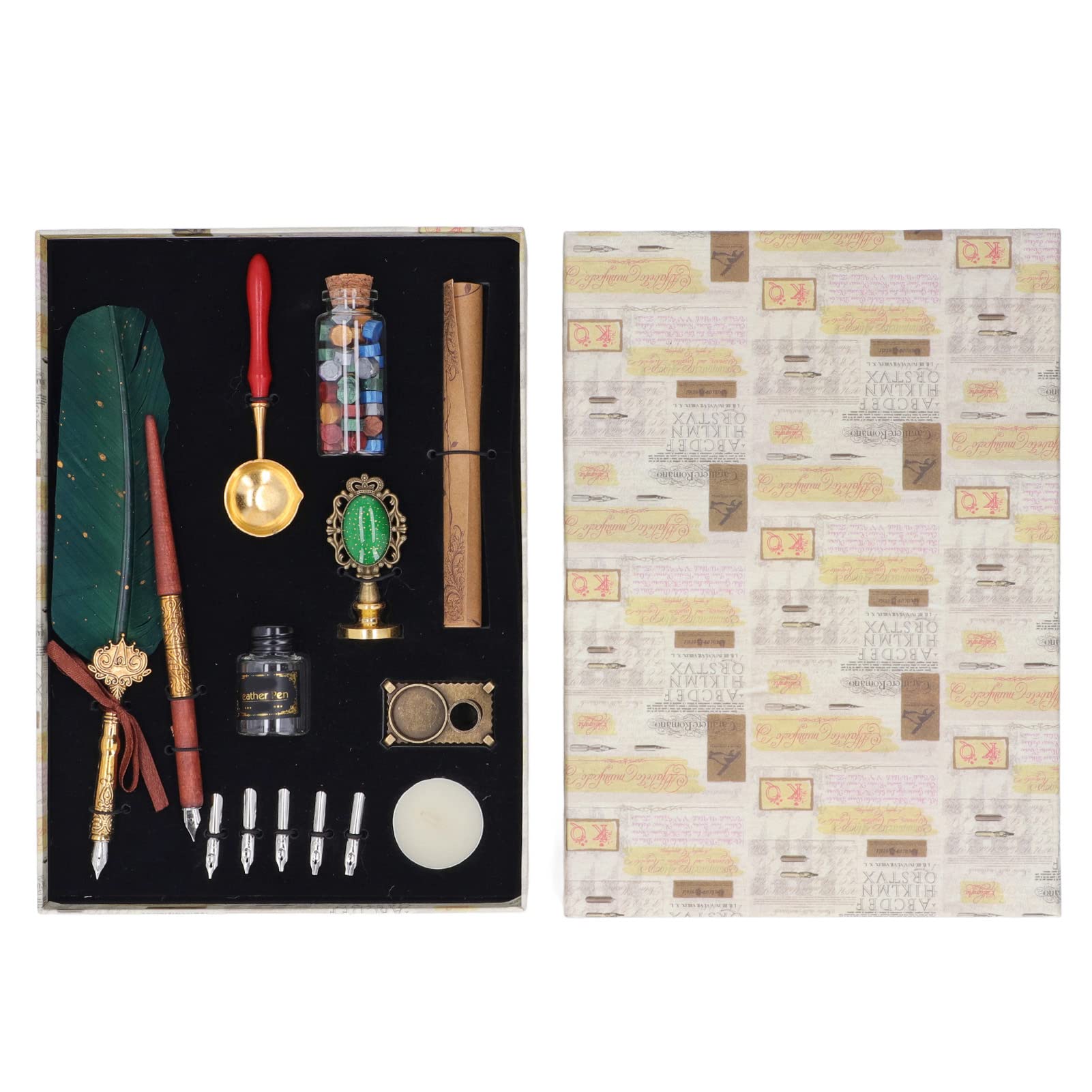 Lot de stylos de calligraphie avec pointe en acier inoxydable, style européen avec pointes de rechange et flacon d'encre pour écriture vintage (pois vert foncé)