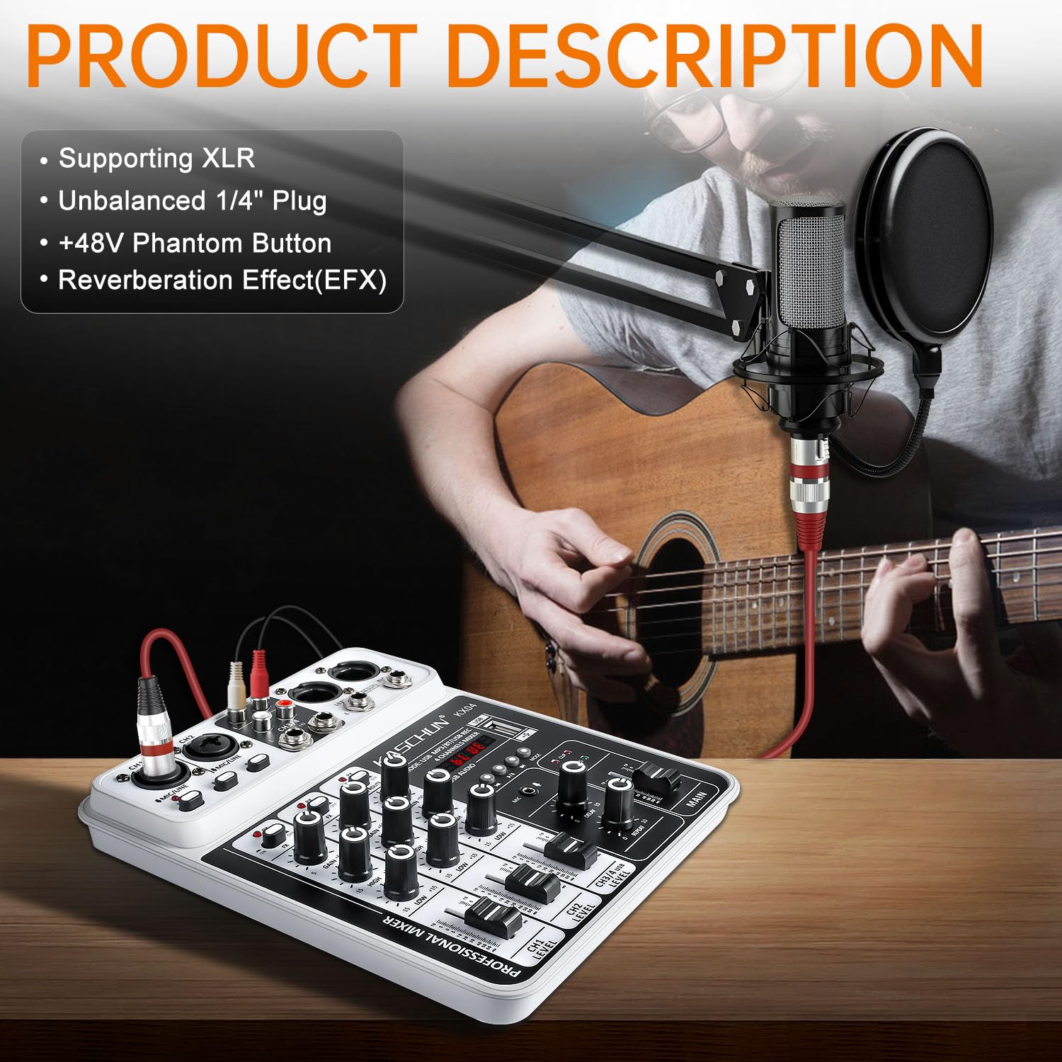 Professional DJ audio mixer, 4-channel DJ mixer, Bluetooth sound mixer, supports USB/MP3/BT computer input, 48V phantom power stereo studio audio mixer suitable for DJ studio streaming recording