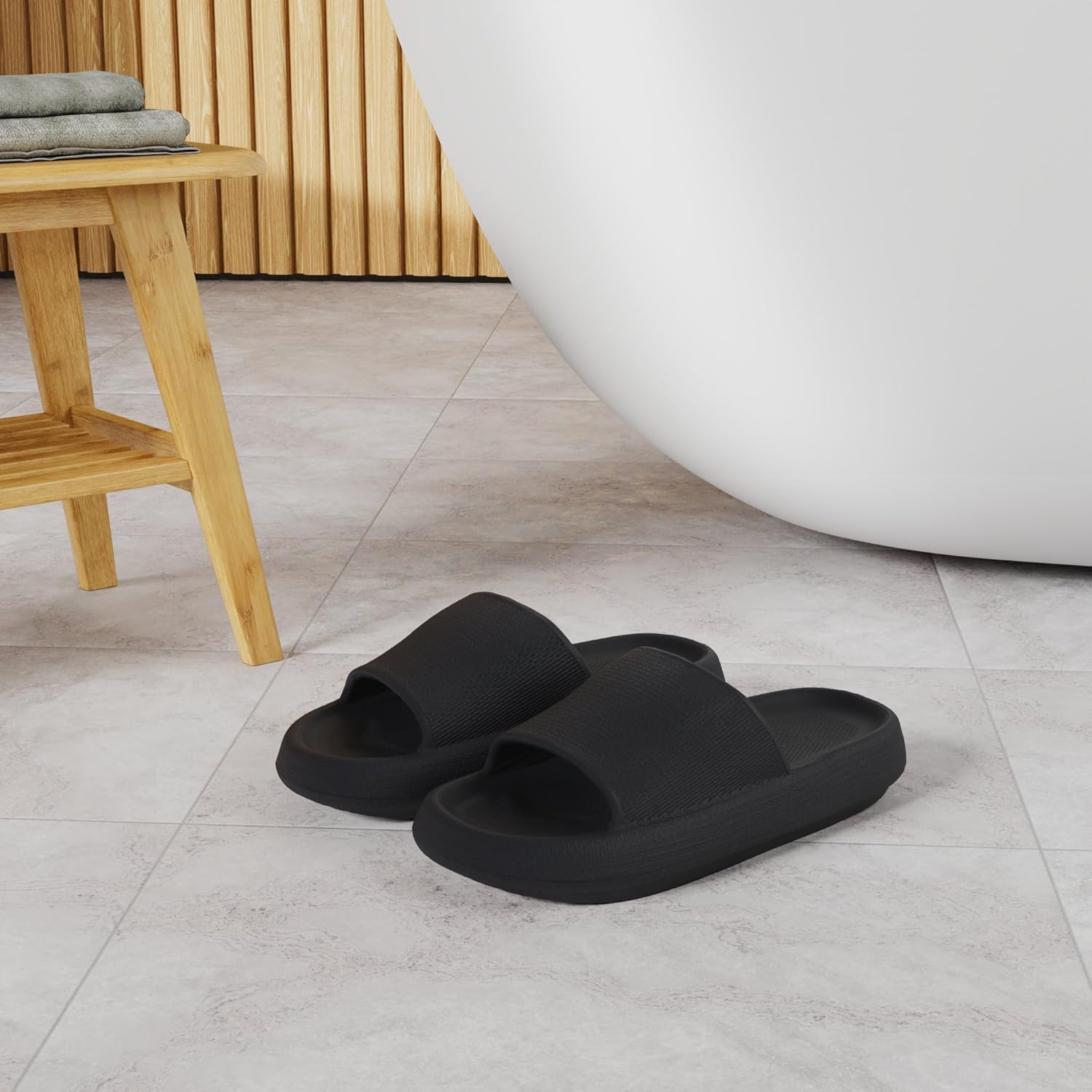 WHITIN Pillow Slippers for Women Non Slip | Cushioned Thick Sole Slides | Quick Drying Bathroom Sandals 7.5-8.5 Black image 2 of 7 B0C1C45XMJ