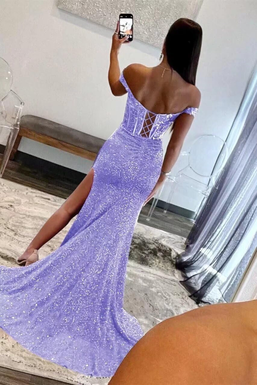 Women's Off Shoulder Mermaid Prom Dresses with Slit Long Ruched Sequin Lace Applique Formal Evening Gowns WA057