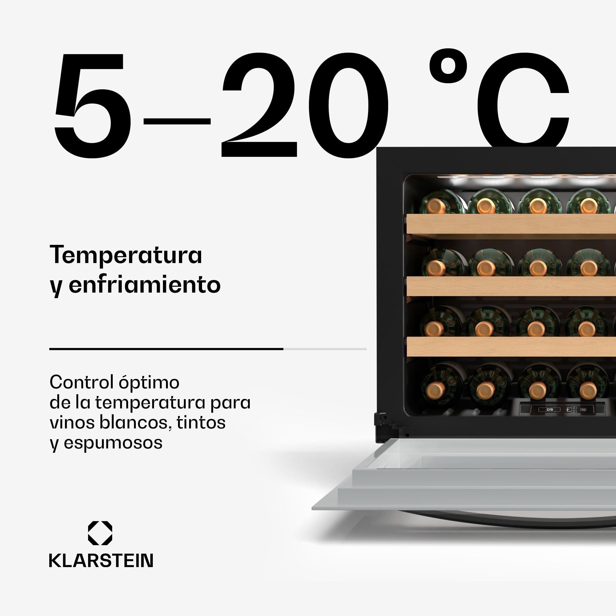 Klarstein Vinsider 24 Uno Vinoteca Integrable - 24 Botellas, 1 Zona, 5-20°C, LED, Protección UV, Silenciosa, Nevera para Vinos, Estantes de Madera, Puerta de Cristal Blanca