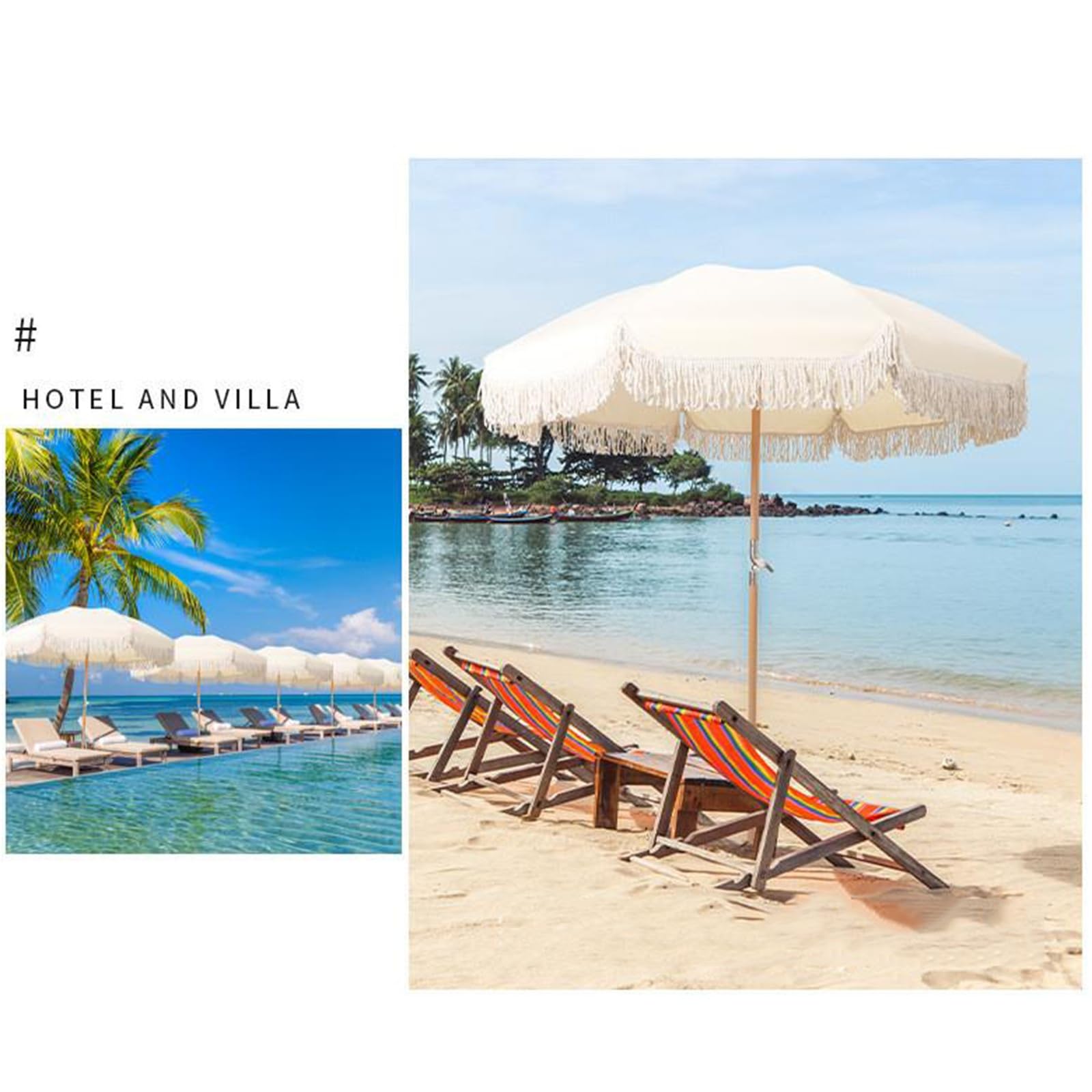 Boho Sonnenschirm Mit Fransen ,Fransen Strand Sonnenschirm,Faltbarer Strandschirm, Sonnenschirm Strand mit Fransen Elegant Rund Garten Balkon Terrasse ,Mit Neigung ( Color : White , Size : 200*215cm/5