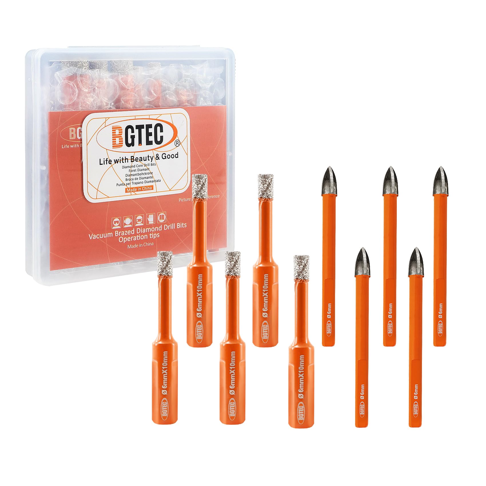 BGTEC Dry Diamond Core Drill Bit 5Pcs 6mm&5pcs 6mm Carbide drill bits with Triangle Shank for Porcelain Tile Ceramic Granite Marble Masonry