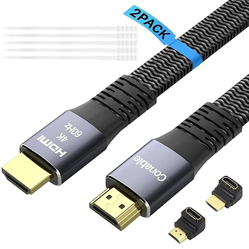 Cable HDMI plano de 10 pies (paquete de 2), cable trenzado HDMI 4K de alta velocidad, cobre puro, soporta 4K 60Hz 2160p 1080p HDR HDCP 2.2 ARC Full