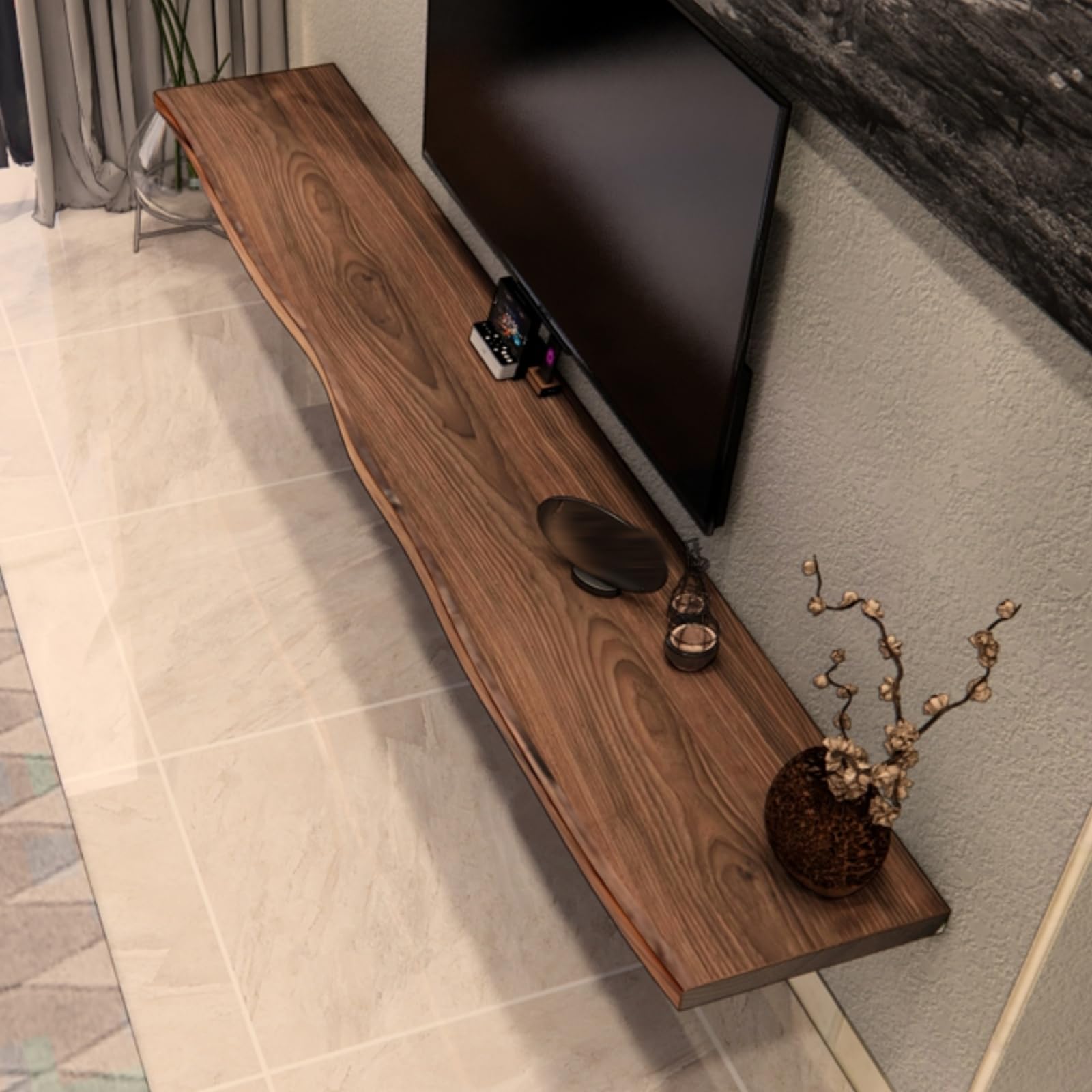Mobile TV sospeso da parete in legno massello noce mobile salvaspazio TV 80 x 20 x 4,6 cm elegante design elegante