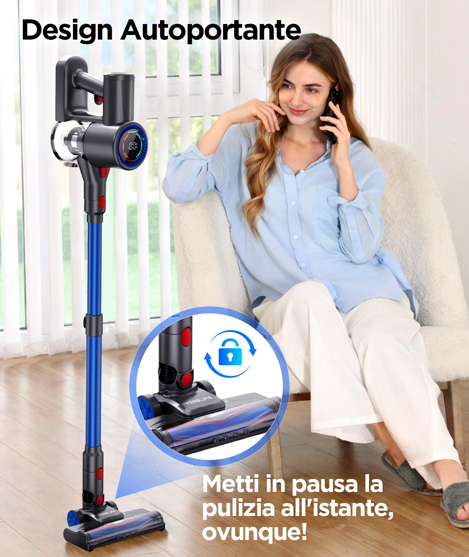 VersLife Z8 Aspirapolvere Senza Fili 40KPa, Scopa Elettrica Leggera con Filtro HEPA, Luce LED Verde, Autonomia 45 Min, Design Autoportante, per Pavimenti Duri, Tappeti e Peli di Animali