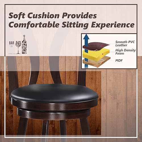 Miniatura 3 de COSTWAY Juego de 2 taburetes giratorios de 360 grados con asiento acolchado de cuero, respaldo de listones individuales y patas de madera de goma