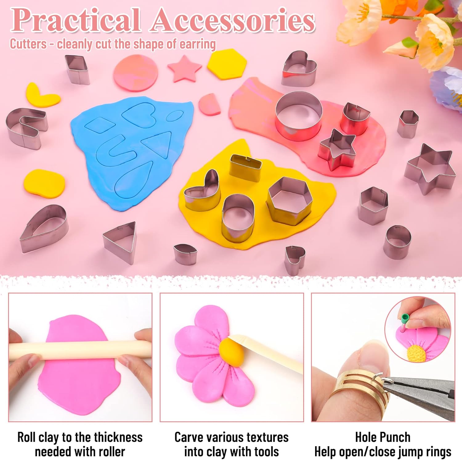 Polymer Clay Earring Making Kit- 30 Clay Earring Cutters, 24 Color Polymer Clay, 8 Circle Cutters, Rollers, B7000 Glue, 640 PCS Earrings Making Tools Accessories for Jewelry DIY (Instructions Include) - Image 5
