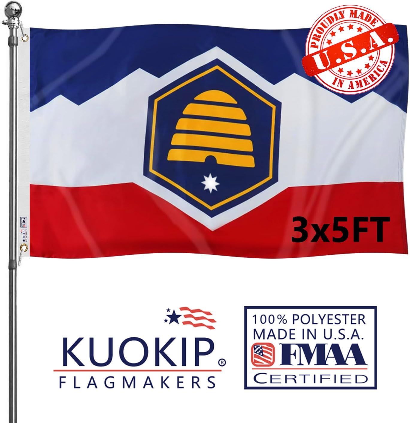 Double Sided New Utah State Flag 3x5 Made in USA Outdoor Heavy Duty 3 Ply Polyester New Utah Flags with White Starting Tape and 2 Brass Grommets