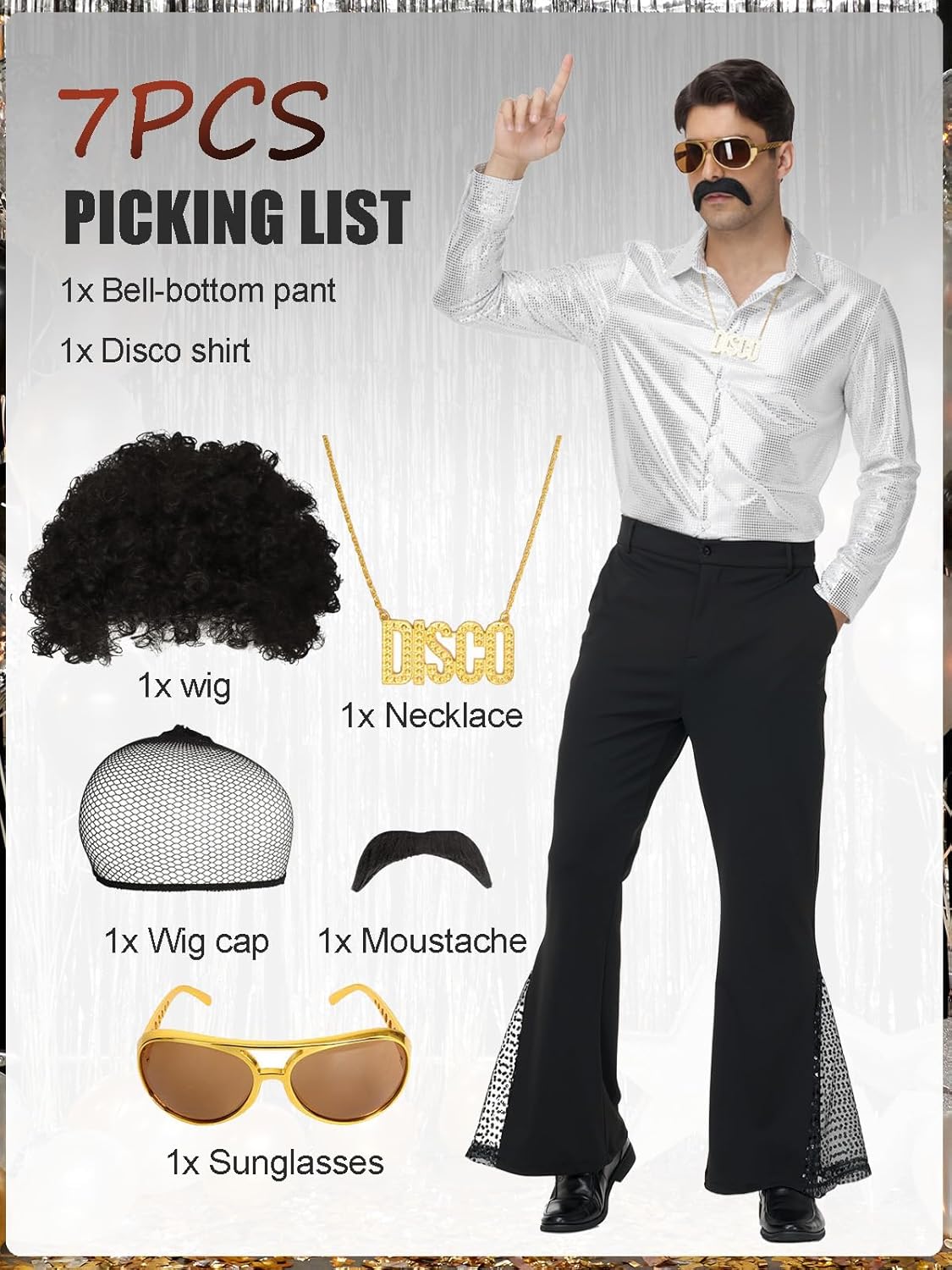 70s Outfits for Men, 7Pcs Disco Costume Include Retro Shirt Bell Bottom Pants Wig Sunglasses Necklace Wig Cap for Disco Party