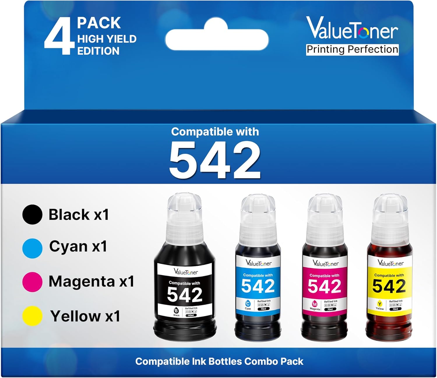 Valuetoner 542 Ink High Capacity Bottle Combo Pack Remanufactured for Epson 542 Ink Refill Bottles for Ecotank Pro ET-5150, ET-5170, ET-5180, ET-5800, ET-5850, ET-5880, ET-16600, ET-16650, 4 Pack