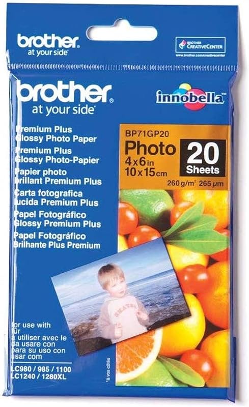 Brother BP71GP20 Papel fotográfico, 6 x 4 pulgadas, Premium Plus Glossy, 15 cm (ancho) x 10 cm (largo), 20 hojas, consumibles originales Brother, blanco