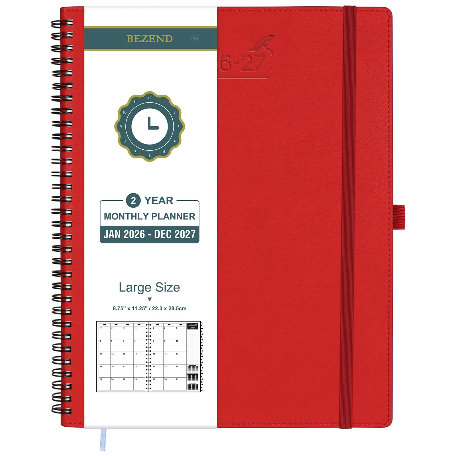 BEZEND Month to View Diary 2026-2027 with Notes (Jan 26 - Dec 27), Monthly Planner 28.5 x 22.5cm - 120 GSM Thick Paper, 2 Year Spiral Calendar with Tabs & Storage Pockets, Soft Cover, Red — image 1