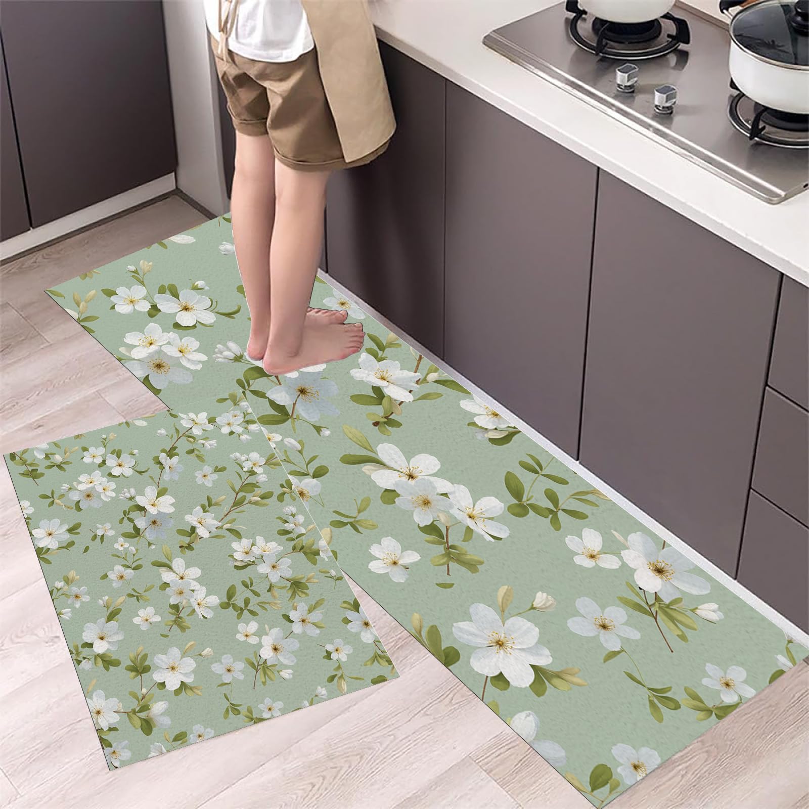 Alfombra lavable antideslizante de flores blancas y hojas verdes para cocina (50x80 y 50x120 cm)