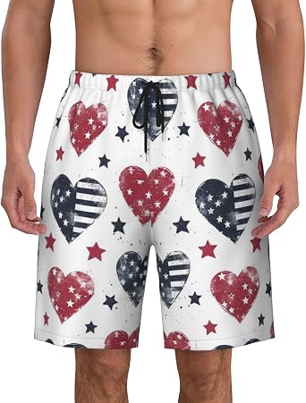 American Flag Heart Symbol 3 Print Mens Casual Swim Trunks Drawstring Beach Shorts Summer Vacation Short