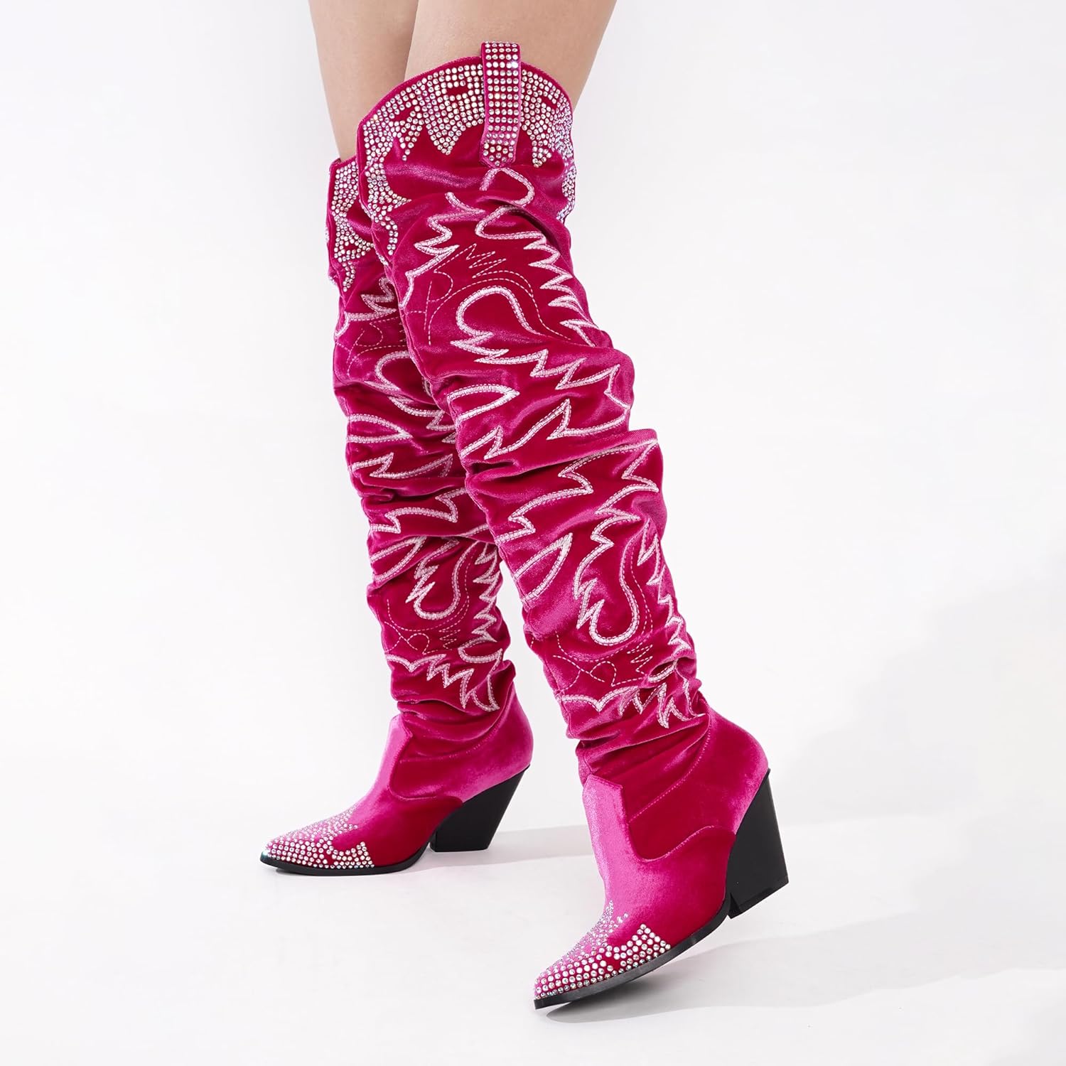 Cape Robbin Women's Rhinestone Embroidered Cowboy Boots Thigh High Slouchy Wide Calf Pull On Over The Knee Boots with Memory Foam Insole & 3 Inch Heel (Lish.a)