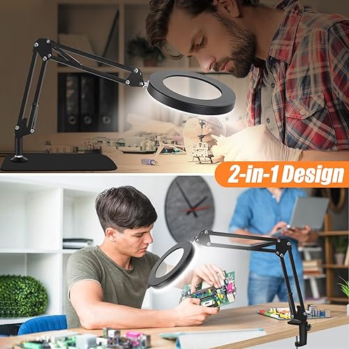 Miniatura 5 de Lupa de 10 veces con luz y soporte, regulador de intensidad ajustable con brazo oscilante 2 en 1, lámpara de escritorio y abrazadera, lupa de