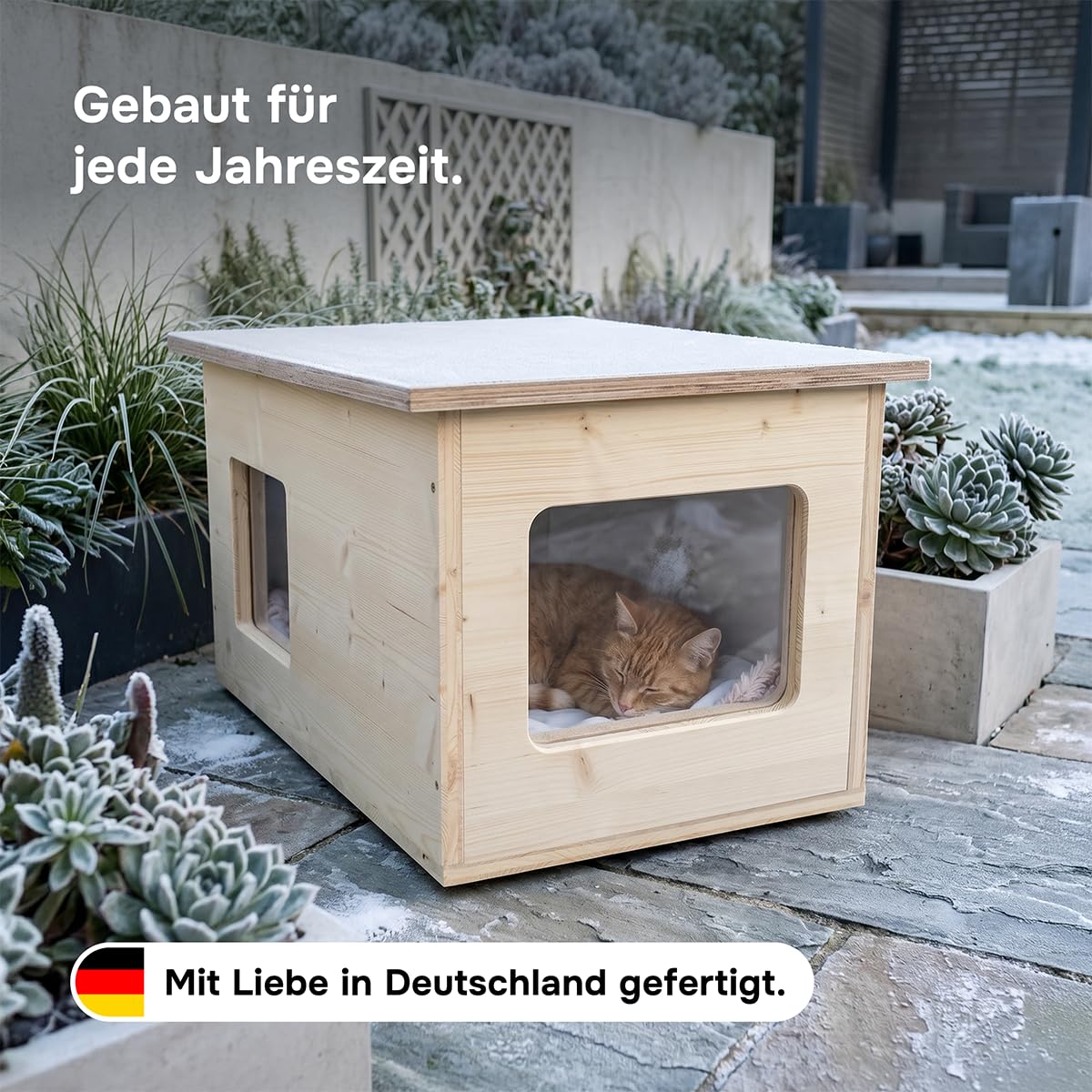 catcabin Katzenhaus für Draußen, Winterfest, Isoliert, Massivholz, Made in Germany, Outdoor Katzenhöhle (ohne Isolierung, Dach Siebdruck, Fichte-Fenster)