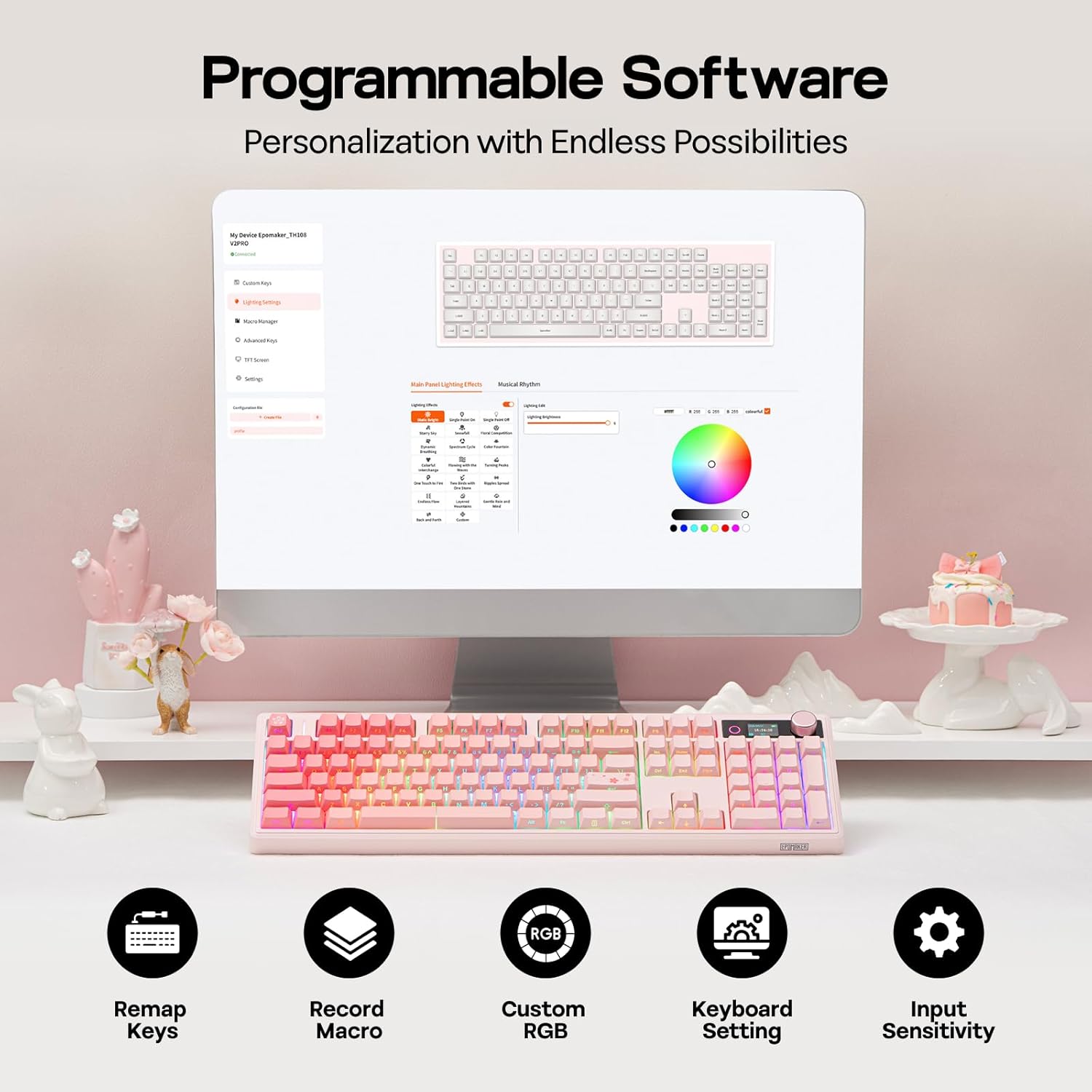 EPOMAKER TH108 V2 PRO Full Size Mechanical Keyboard with Screen&Knob, 10000mAh, BT/2.4Ghz, Mac Modifier PBT Keycap, Hot Swap, RGB, Gasket, Wireless Gaming Keyboard for Mac/PC (Pink, Creamy Jade)