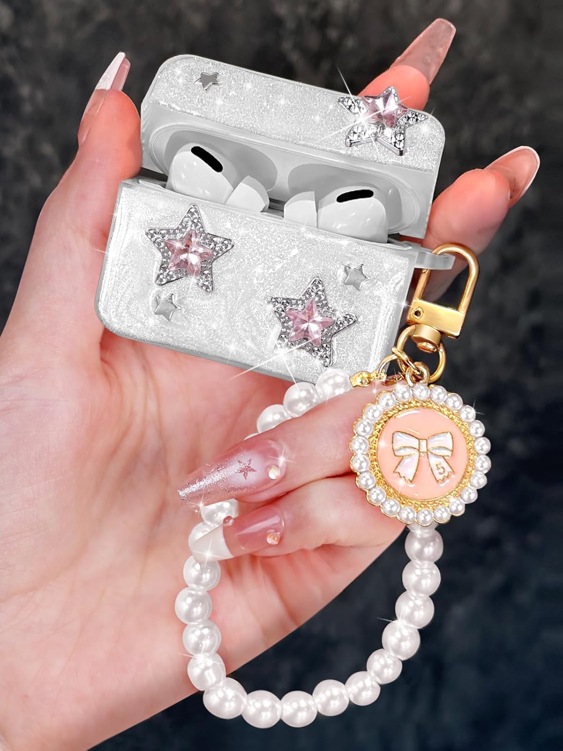 Boaretiu for AirPods Pro/Pro 2nd Gen Case with Pearl Bow Keychain - Stylish Protective Cover for Women, Cute Girls Kawaii Girly Unique Silicone Design Case for AirPods Pro & Pro 2, Five-Pointed Starw