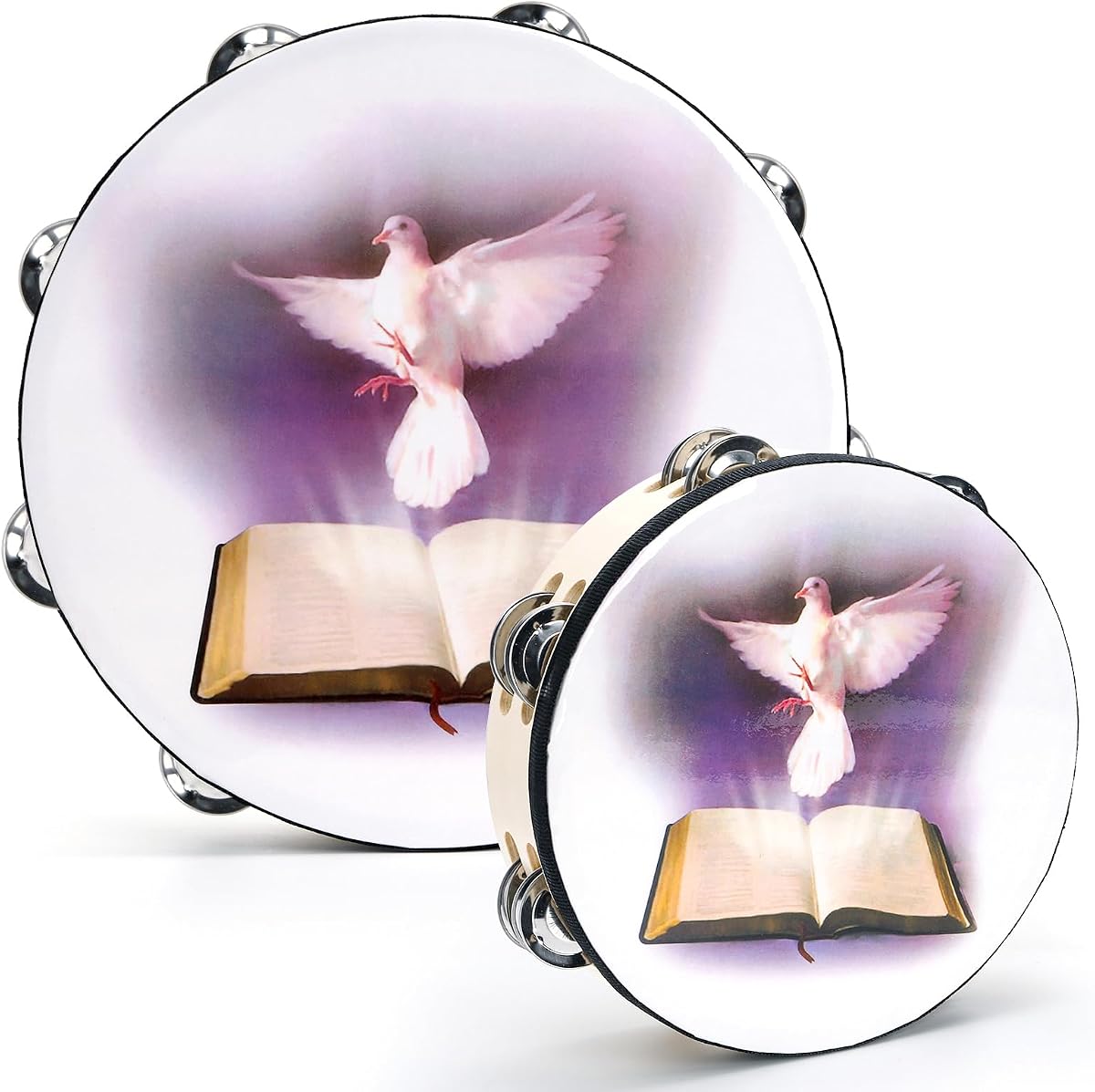 2 Pack 10" and 8" Dove & Bible Church Tambourine Set, Wooden Hand Held Percussion Tambourine with Double Row Jingles, Percussion Musical Instrument