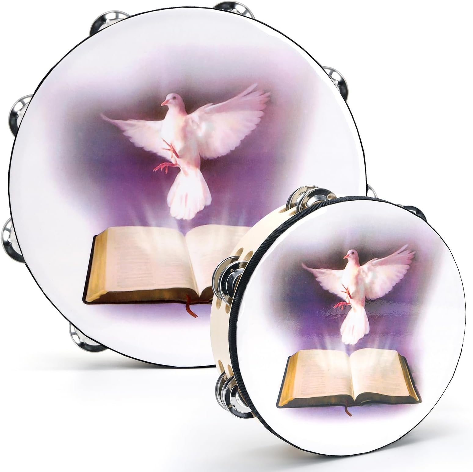 Elsjoy 2 Pack 10" and 8" Dove & Bible Church Tambourine Set, Wooden Hand Held Percussion Tambourine with Double Row Jingles, Percussion Musical Instrument