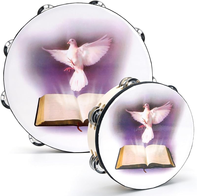 2 Pack 10" and 8" Dove & Bible Church Tambourine Set, Wooden Hand Held Percussion Tambourine with Double Row Jingles, Percussion Musical Instrument