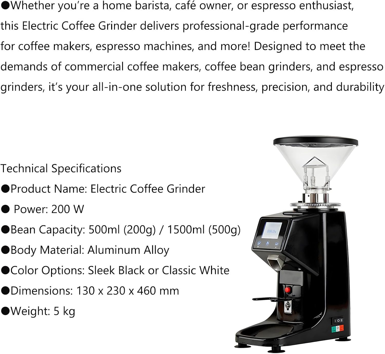 1500ml Commercial Coffee Grinder, Electric Flat Burr Coffee Bean Grinder w/19 Settings,Touch Screen Espresso Machine w/Large 17.6/52.8 Ounce Hopper (White)