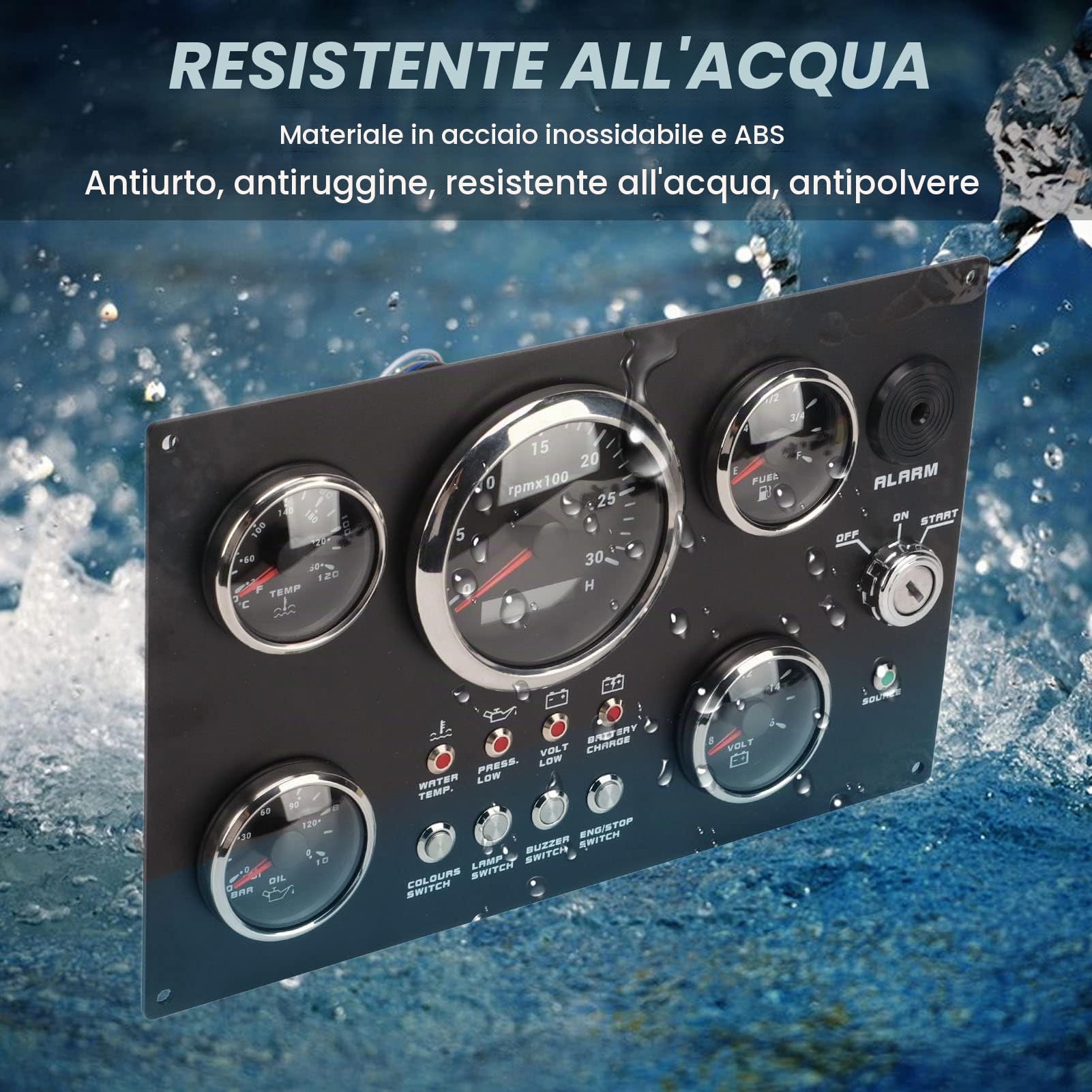 Aramox Quadro Strumenti per Barche, 12V 5 Gauge Cluster Gauge Cluster Panel 7 Colori Retroilluminazione Livello Olio Temperatura Acqua Pressione Olio Tensione Display 0-3000RPM